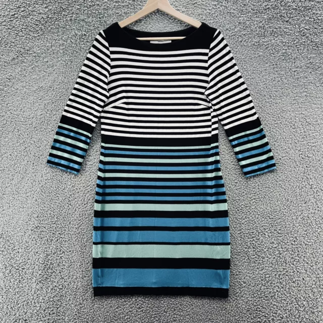 Trina Turk Dress Women 6 Blue Black Stripe Knit Stretch T Shirt Sheath Dress