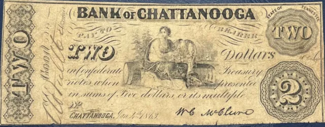 1863 $2 Bank Of Chattanooga  Confederate Treasury Note