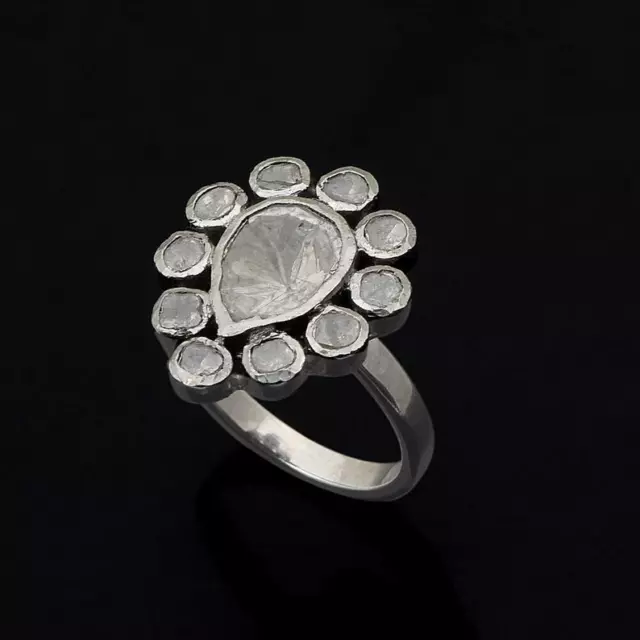 Gorgeous Drop Shape Polki Natural Diamond 925 Sterling Silver Ring Sale Off