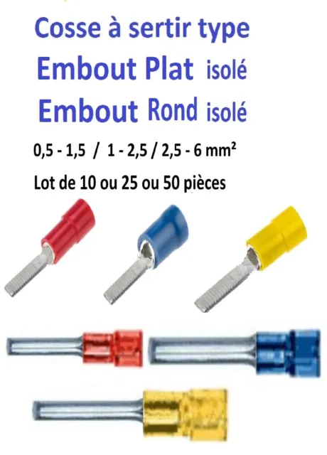 Cosse électrique Embout Plat et Embout Rond 0.5 mm² à 6 mm² Lot 10 à 50 pièces