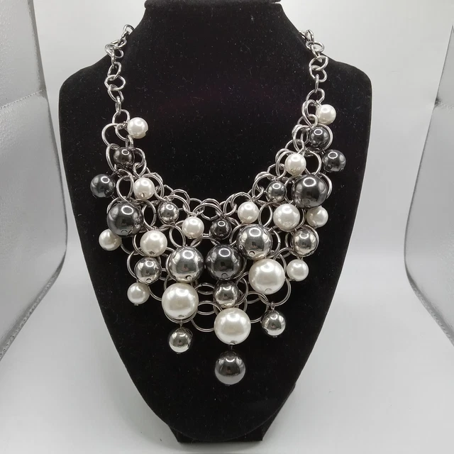 Bib Necklace 14" Silver Gunmetal White Bubble Beads Circle Clasp Runway Statemen
