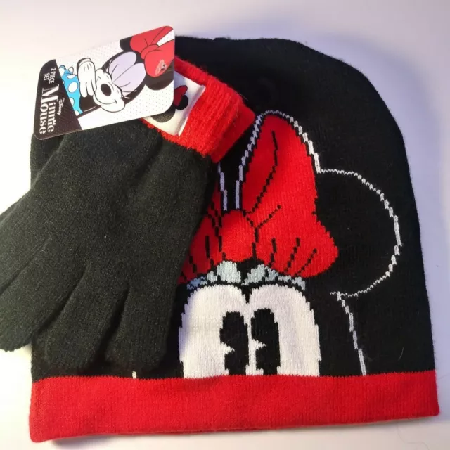 Disney Minnie Mouse Toddler Girls Winter Stocking Hat & Gloves Set Red Black .