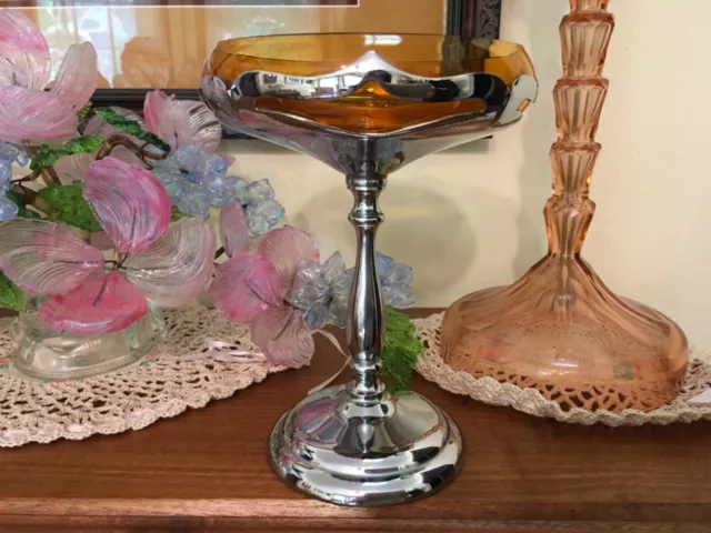 Art Nouveau/Deco Farber Bros Chrome & Amber Glass Compote Candy Dish Krome-Kraft Art Nouveau/Deco Farber Bros Chrome & Amber Glass Compote Candy Dish Krome-Kraft