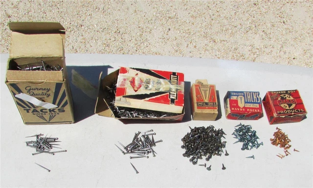 5 Vintg Tacks & Nail Boxes Atlas Gurney Klean, Blue Ribbon, Presto *Shoes Carpet