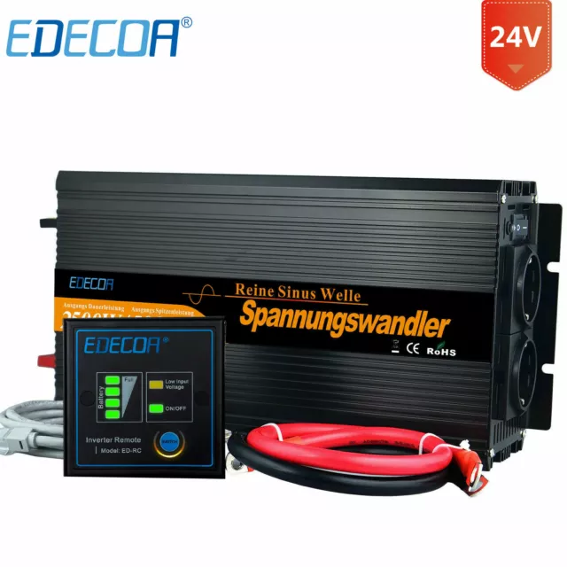 EDECOA Convertisseur 24V 220V Pur Sinus 2500W transformateur 2x USB télécommande