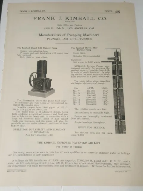 1923 mining print ad FRANK J. KIMBALL COMPANY 1860 E 15th st Los Angeles CA