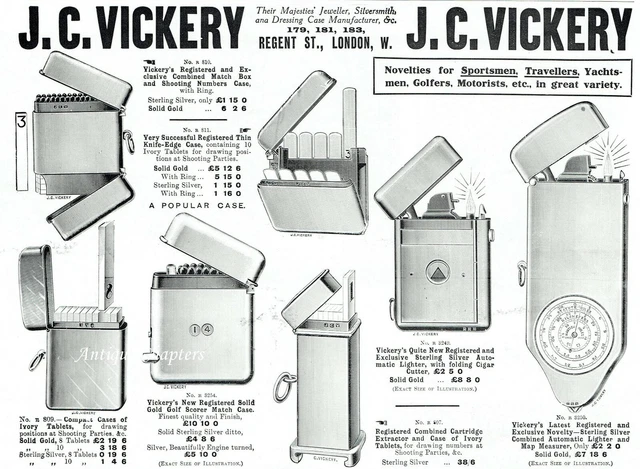 J C Vickery Automatic Cigarette Lighter Golf Scorer Vesta Case 1911 Advert K628