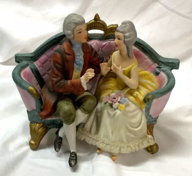 Victorian Couple on Love Seat Figurine with Dresden Style Lace, Crossed Arrows