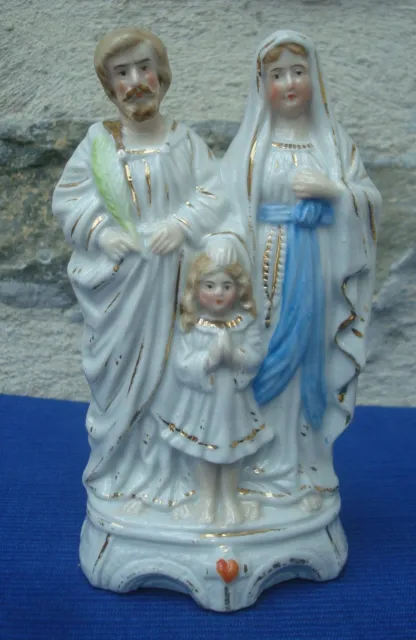 V32 Statue Ancienne Biscuit Porcelaine Polychrome Jesus Marie Joseph Ste Famille