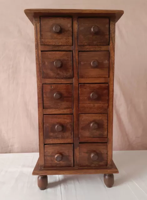 Tall 49cm Vintage Wooden 10 Drawer Spice Apothecary Chest of Drawers Cabinet