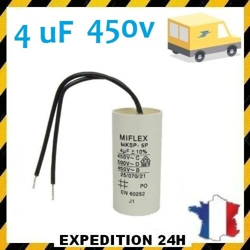 Condensateur Permanent 4µF (4uF) 5% - Dimensions 25x49mm - Pour Moteur Bubendorff, Compatible Icar