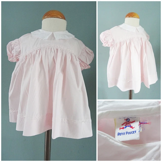 Abito Vintage Neonato Bambino Anni '80 Rosa Bianco Pollicino Ricamato Pizzo Ragazze