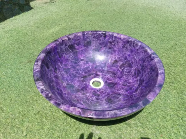 15" Amethyst Stones Washbasin/ Amethyst Sink Round Handmade Work Home Decor