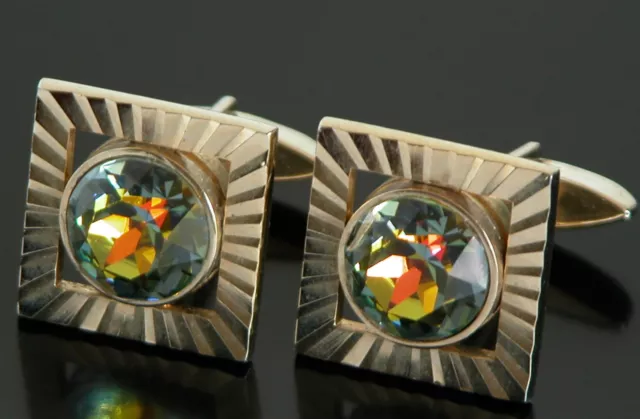 Vtg 70s Cufflinks Rainbow Crystal Stone Gold Tone Jeweled Bling Cuff Links