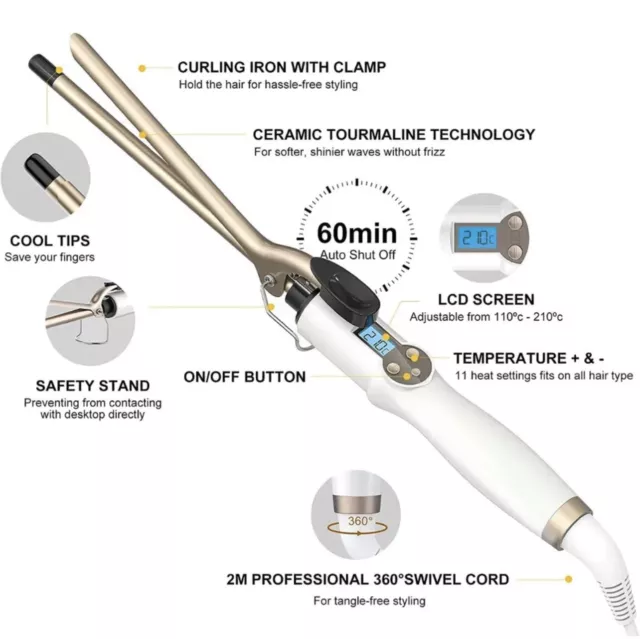 AIMERVO Thin Curling Iron Tong 13mm LCD DispLay 11 Heat Setting 110-210 C 30sec