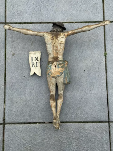Antike Jesus Christus / Kruzifix Holzfigur (ohne Kreuz) mit INRI Holzplakette 2