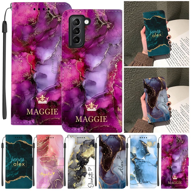 Personalised Marble Case For Samsung Galaxy S23 A23 A14 Stand Flip Leather Cover