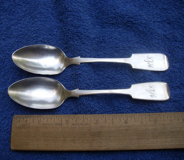 PAIR Good CANADIAN 19th C Silver TEASPOONS-Joseph Recht-Brantford, Ontario