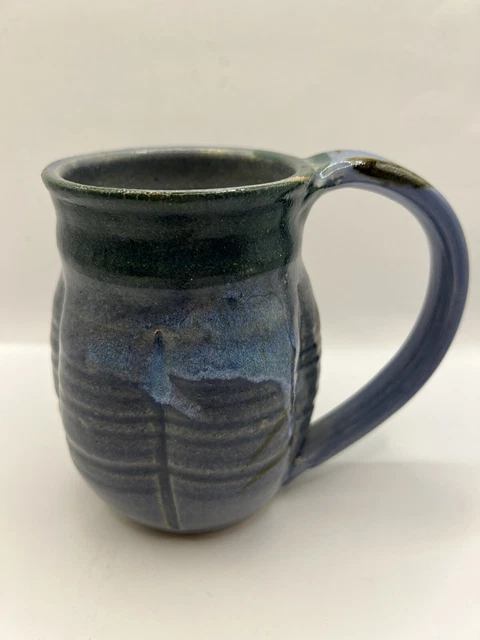 Studio Art Pottery Mug Blue Drip Glaze And Butterfly Signed
