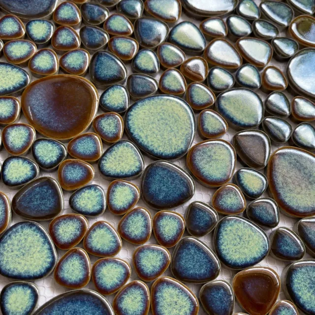 Porcelain Pebble Tile Aqua Mix Brown Glazed Ceramic Mosaic Floor and Wall Tiles