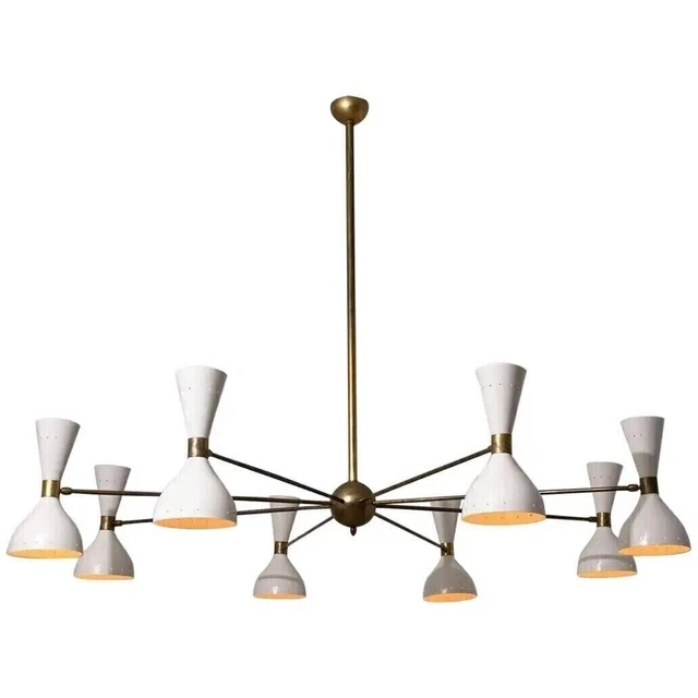 Énorme Lustre Diabolo Spoutnik Style Mid-Century Modern - Laiton Brossé Et Noir Brillant - 16 Lumières