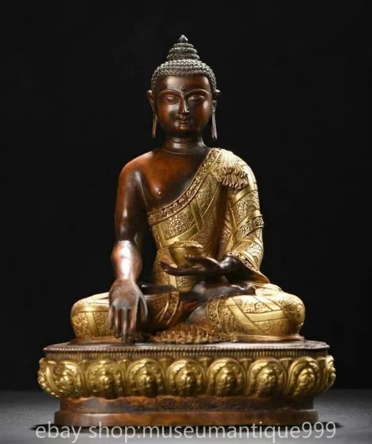 12.8" Old Chinese Bronze Gilt Buddhism Shakyamuni Amitabha Buddha Statue