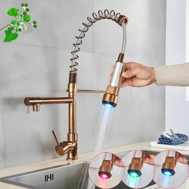 LED Kitchen Sink Mixer Tap Pull Out Sprayer 360° Spring Single Handle Faucet UK
