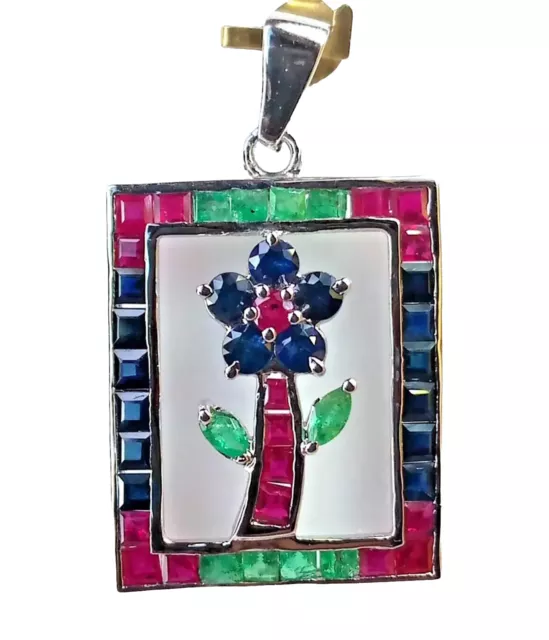 Natural Emerald & Sapphire Ruby Real Sterling Silver 925 Gemstone Pendant