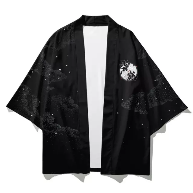 Uomo Crane Kimono Cappotto Giacca Top Pantaloni Giapponese Casual Sciolto Nera