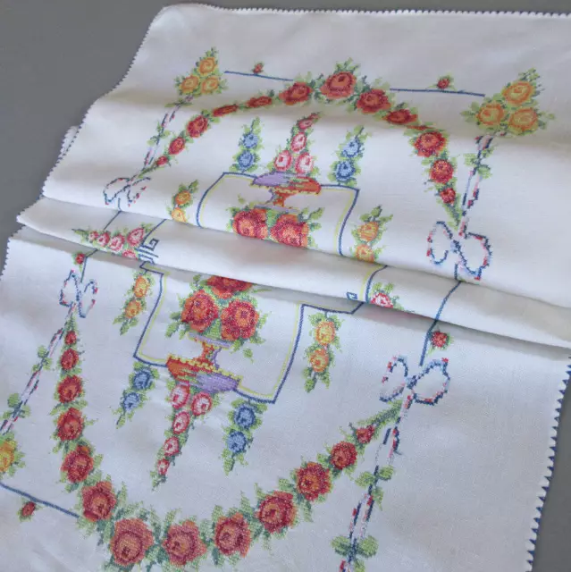 Vintage Linen 41" Dresser Runner Hand Embroidered Cross-Stitch Rose Swags + Bows