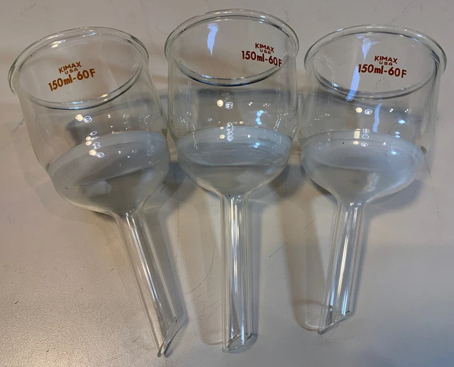 lot of 3   KIMAX USA GLASS FUNNEL  150mL-60F  FRITTED FILTER BUCHNER FUNNELS