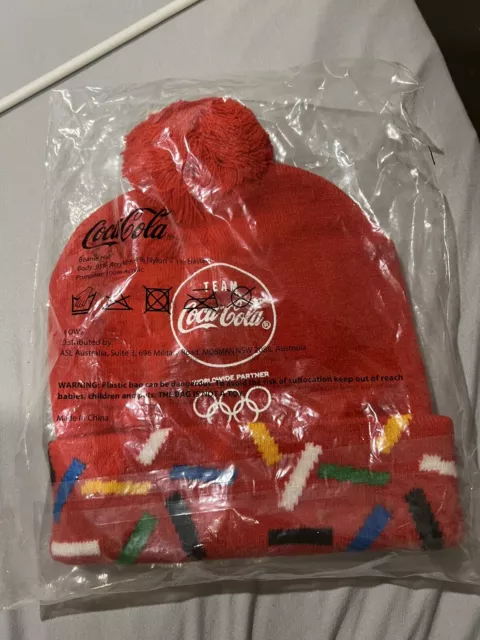 Coca Cola Beanie Winter Olympic Logo Ski Hat Cap Pom Coke Snow Collectable