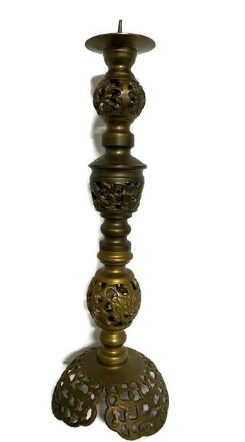 Vintage Brass Pillar Candle Holder Candlestick Asian Theme Chinese Dragons 14"