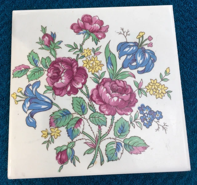 Vintage GORGEOUS FLORAL FLOWERS CERAMIC TILE trivet 6” x 6” old felted back