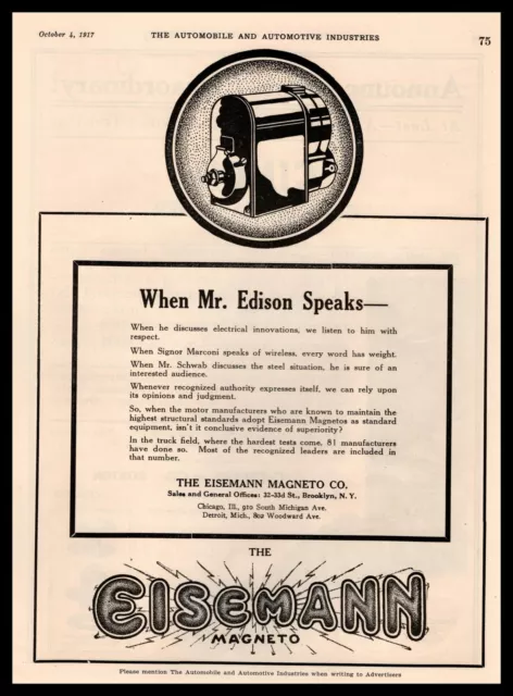 1917 The Eisemann Magneto Co Brooklyn New York "When Mr. Edison Speaks" Print Ad