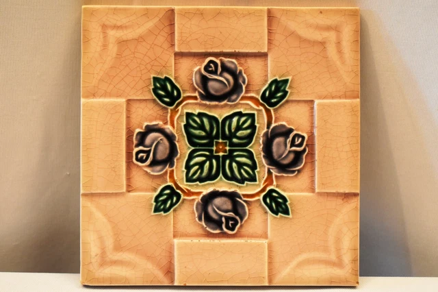 Vintage Japan Saji Tile Porcelain Ceramic Purple Rose Green Leaf Art Nouveau"901 2
