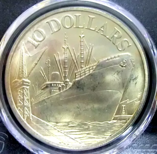 PCGS MS66 Gold Shield-Singapore 1976 Ship In Port Silver $10 Super GEMBU Scarce