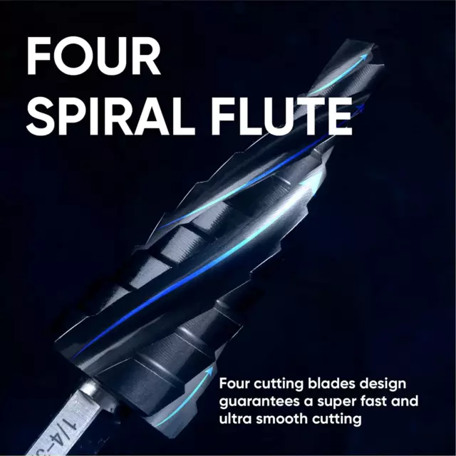 Toolant Four Spiral Flute Cobalt Step Drill Bit(Pro Max), 1/4"-3/4" Impact Ready 4