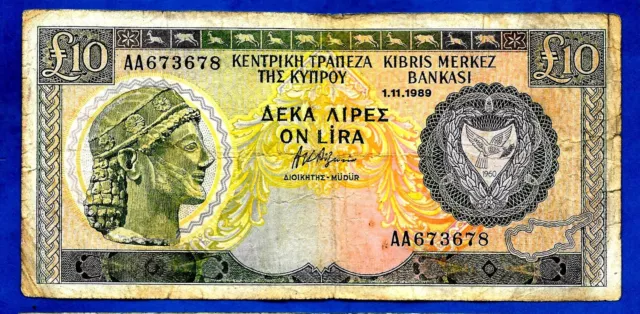 Cyprus P55a(1) 10 Pounds BUST & WARBLERS Sign Afxentis Afxentiou 1.11.1989 RARE