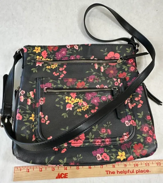 Apt 9 Crossbody Bag Purse Black Floral Faux Leather ECU