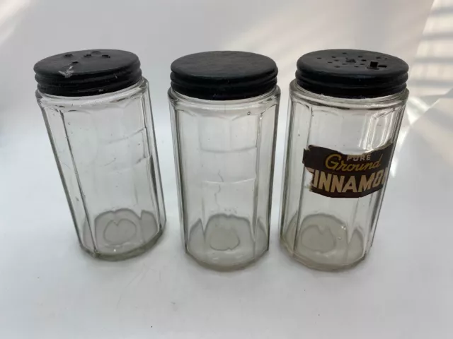 Vintage Lot Of 3 Spice Jars Hoosier Style Old Glass Tin Lids  H28