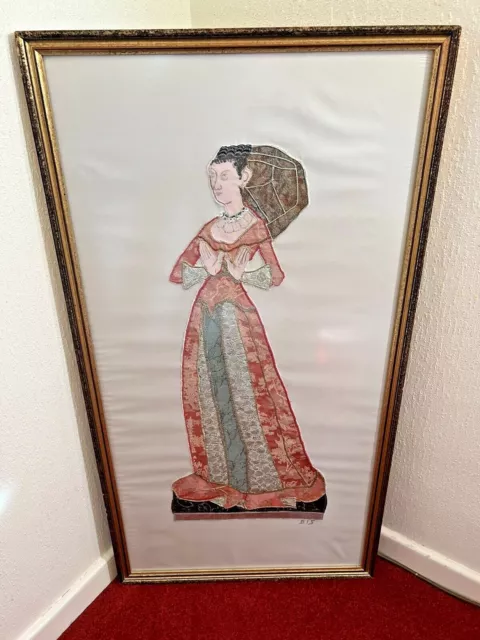 Edwardian Victorian Lady Pink Dress Large Framed Applique Abstract Beryl Sutton