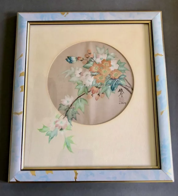 Vintage Hand Painted Chinese Painting On Silk Blossom Butterfly, J Cheng Framed