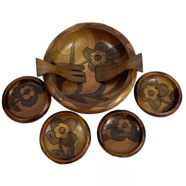 Vintage Hand Carved Large Flower Pattern Wood Salad Bowl 7 Pc Serving Set