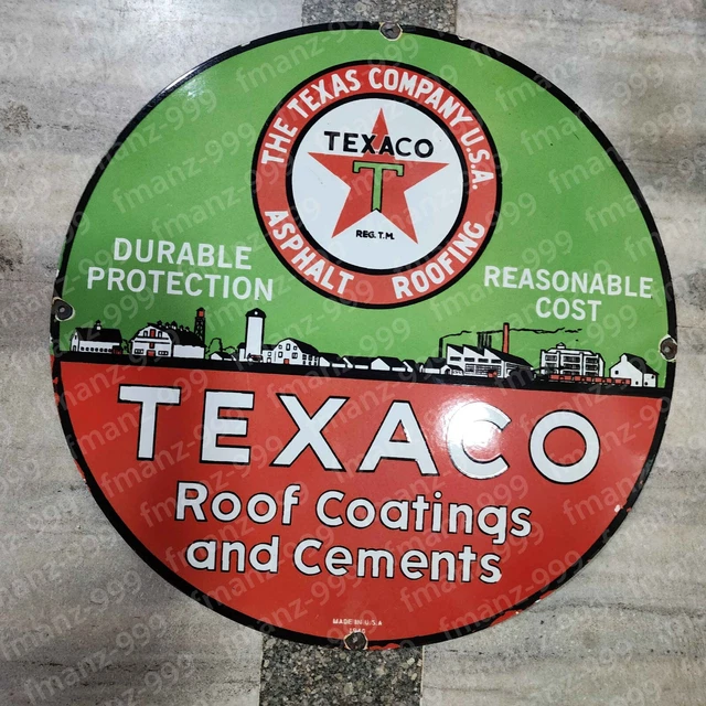 Texaco Roofing Porcelain Enamel Sign 30 Inches Round
