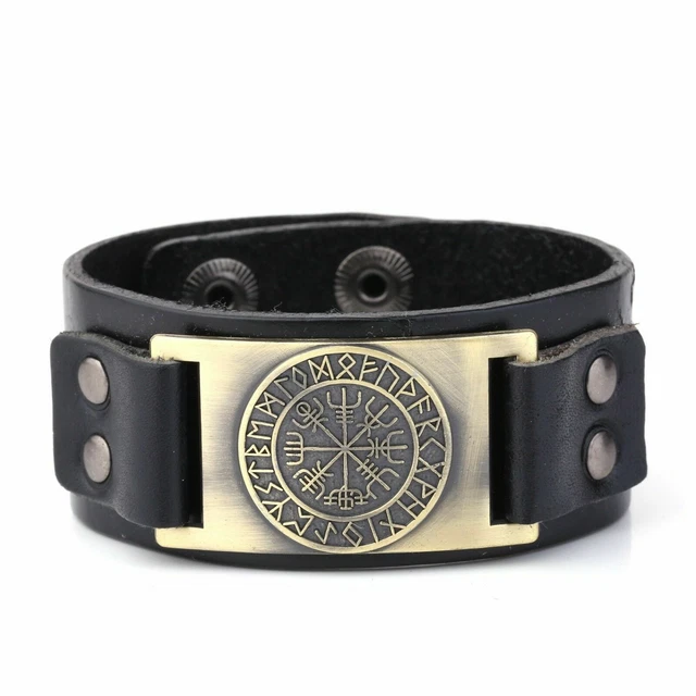 Viking Vegvisir Compass Norse Rune Talisman Leather Cuff Bracelet