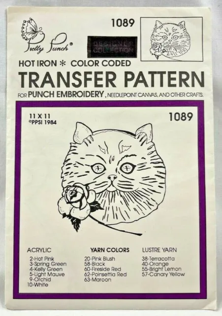 1990 Pretty Punch Cat with Rose 1089 patrón de transferencia de bordado vintage 9121