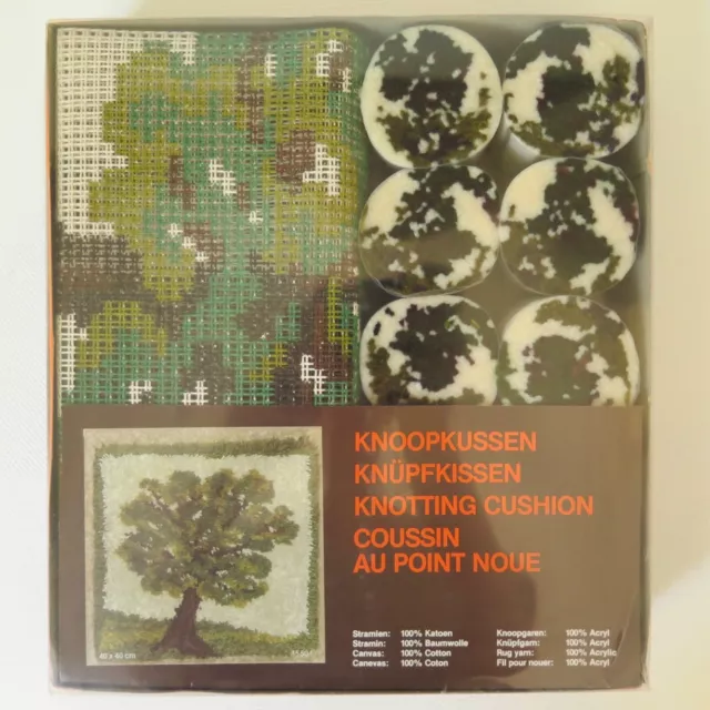 Vintage VERRIEGELUNG HAKEN SET KOMPLETT 40x40 cm Smyrna Knotenkissen grüner Baum 70er