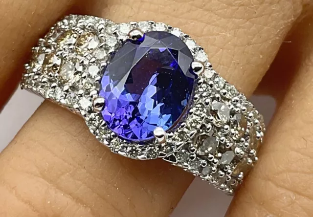 Awesome LeVian 14K White Gold 3.00+ CTW Tanzanite & Diamonds Ring Size 8, 5.7 Gr