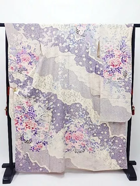 Furisode Kimono Robe L Purple Silk Japanese  Floral Wedding Dress Vintage  F/S